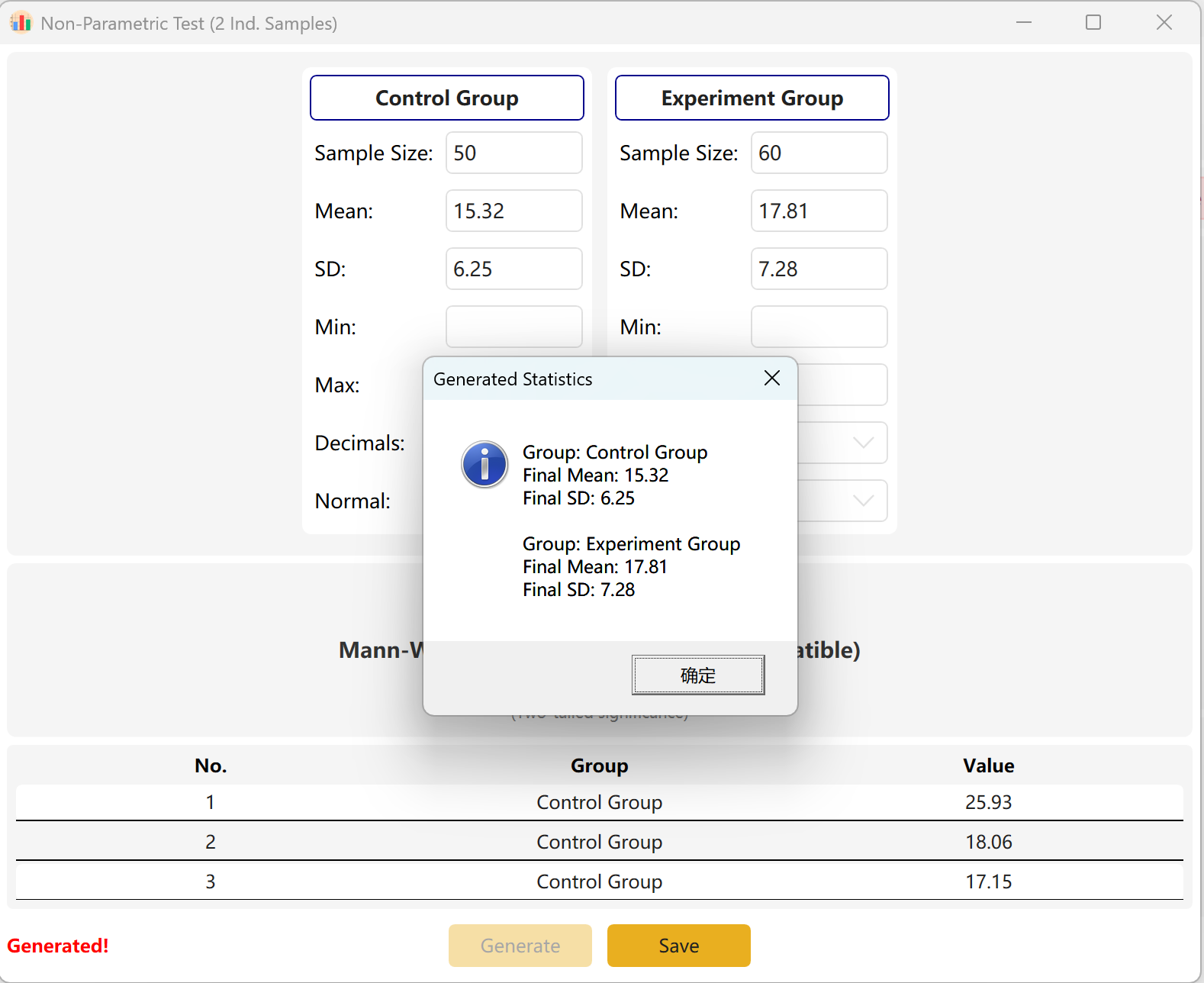 Non-Parametric 2 Samples Output